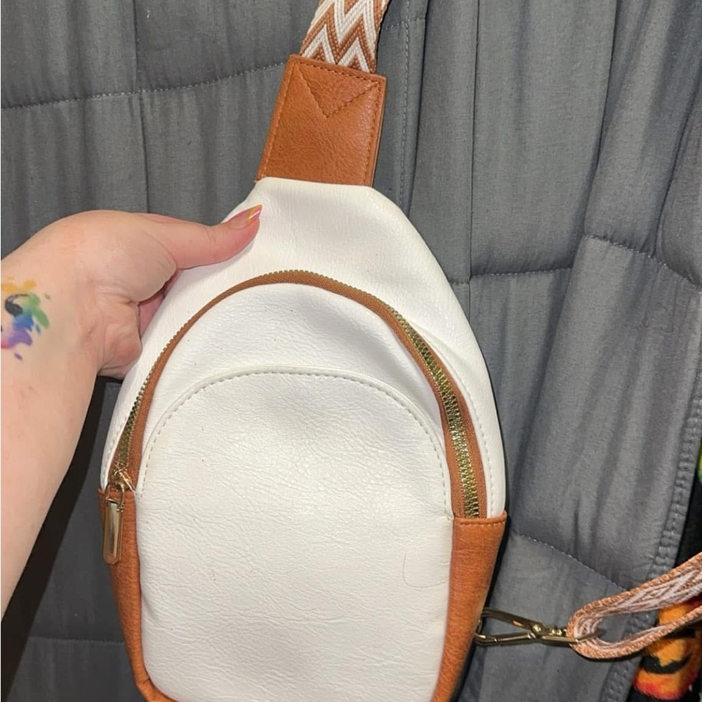 Compact White and Tan Crossbody with Minimalist Design